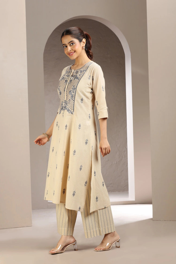 Beige Handloom Cotton Embroidered Straight Kurta and Pant Set for women and girls