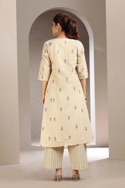 Beige Handloom Cotton Embroidered Straight Kurta and Pant Set for women and girls