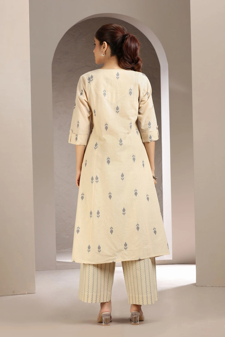 Beige Handloom Cotton Embroidered Straight Kurta and Pant Set for women and girls
