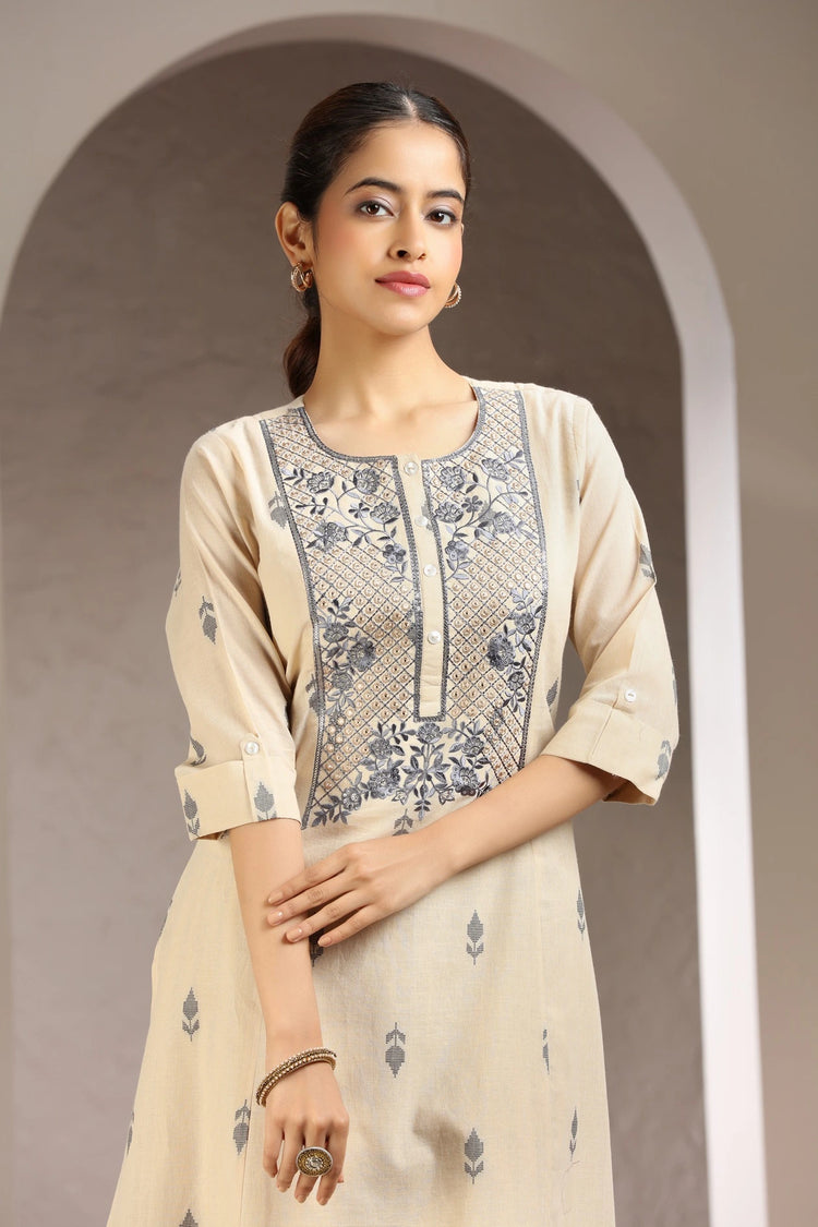 Beige Handloom Cotton Embroidered Straight Kurta and Pant Set for women and girls