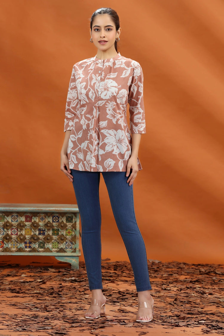 Beige Jaipuri Cotton Printed Straight Short Kurta for women