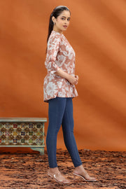 Beige Jaipuri Cotton Printed Straight Short Kurta for women