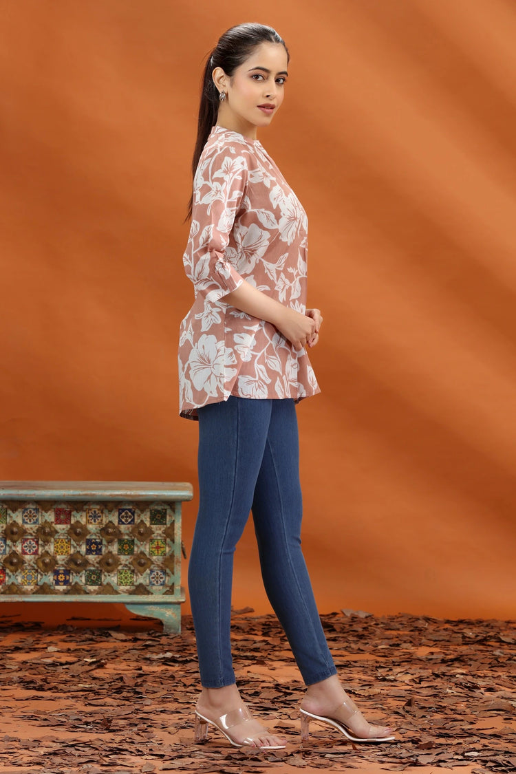 Beige Jaipuri Cotton Printed Straight Short Kurta for women