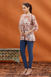 Beige Jaipuri Cotton Printed Straight Short Kurta for women