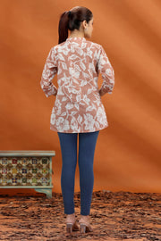 Beige Jaipuri Cotton Printed Straight Short Kurta for women