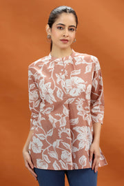 Beige Jaipuri Cotton Printed Straight Short Kurta for women