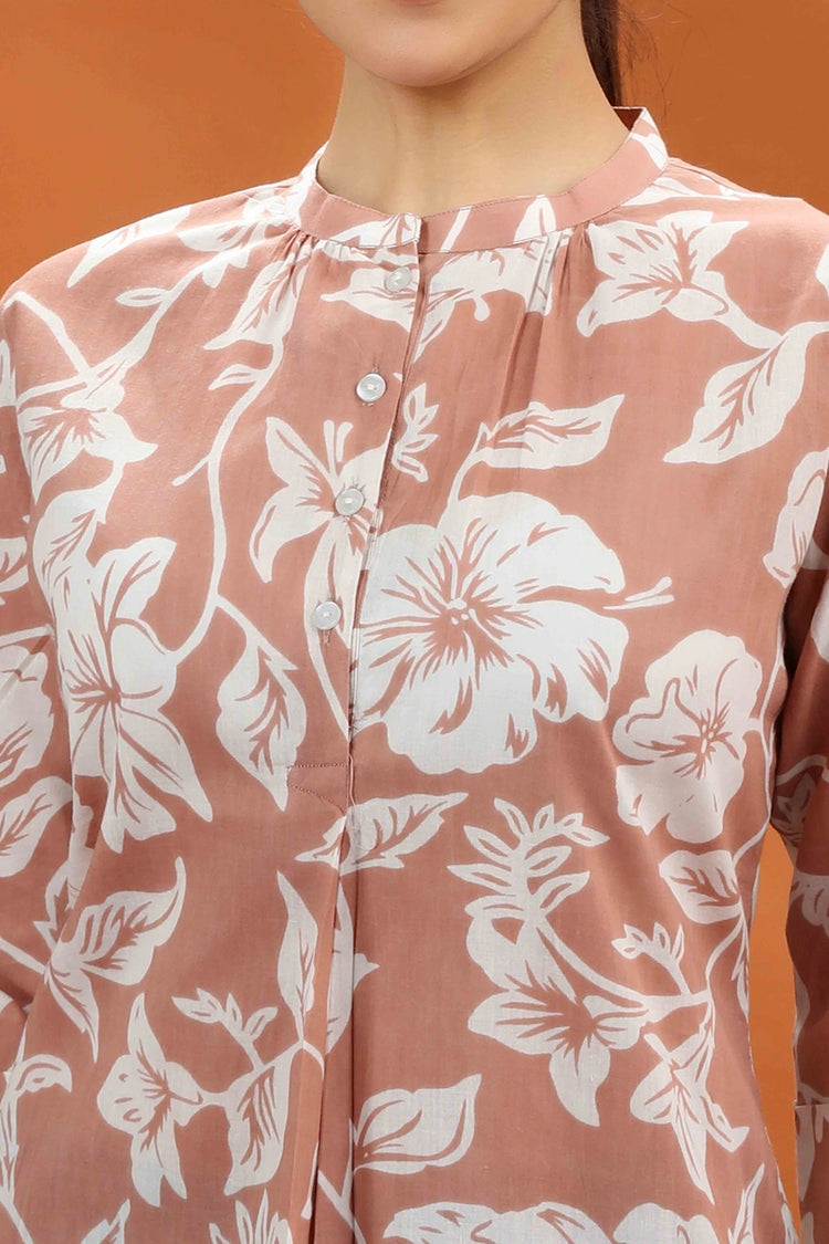 Beige Jaipuri Cotton Printed Straight Short Kurta for women