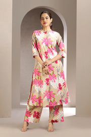Beige & Pink Jaipuri Cotton Printed A Line Kurta and Pant Set for women