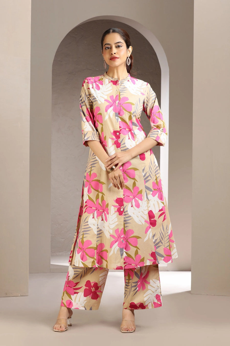 Beige & Pink Jaipuri Cotton Printed A Line Kurta and Pant Set