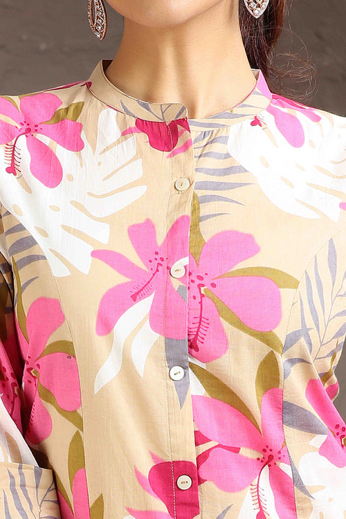 Beige & Pink Jaipuri Cotton Printed A Line Kurta and Pant Set for women