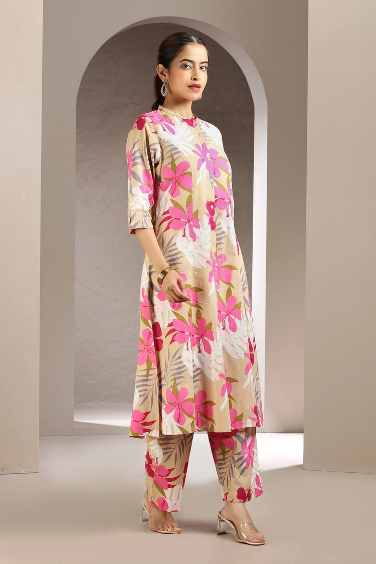 Beige & Pink Jaipuri Cotton Printed A Line Kurta and Pant Set for women