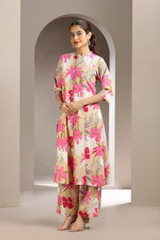Beige & Pink Jaipuri Cotton Printed A Line Kurta and Pant Set for women