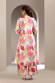 Beige & Pink Jaipuri Cotton Printed A Line Kurta and Pant Set for women