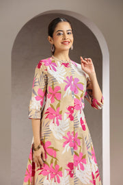 Beige & Pink Jaipuri Cotton Printed A Line Kurta and Pant Set for women