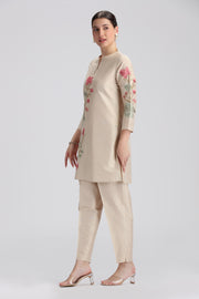 Bisque PolySilk Embroidered Straight Kurta Pant Co ord Set