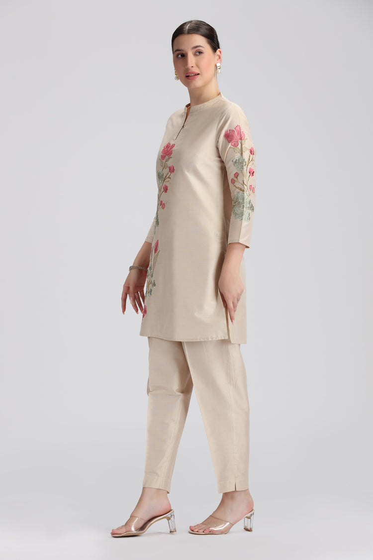 Bisque PolySilk Embroidered Straight Kurta Pant Co ord Set