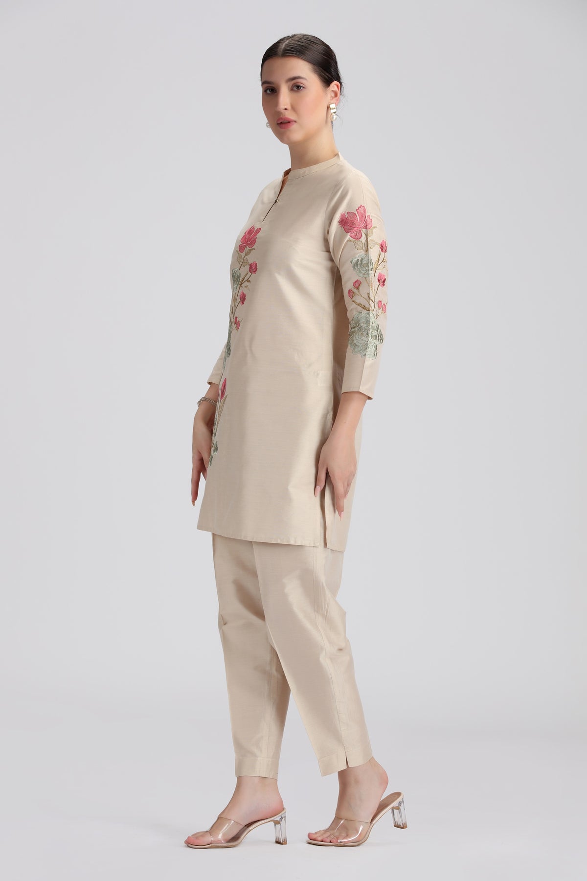 Bisque PolySilk Embroidered Straight Kurta Pant Co ord Set