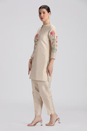 Bisque PolySilk Embroidered Straight Kurta Pant Co ord Set