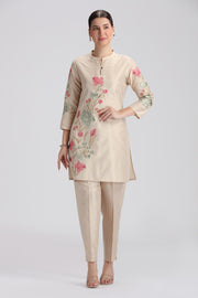 Bisque PolySilk Embroidered Straight Kurta Pant Co ord Set