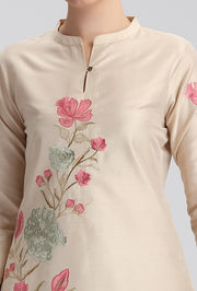 Bisque PolySilk Embroidered Straight Kurta Pant Co ord Set