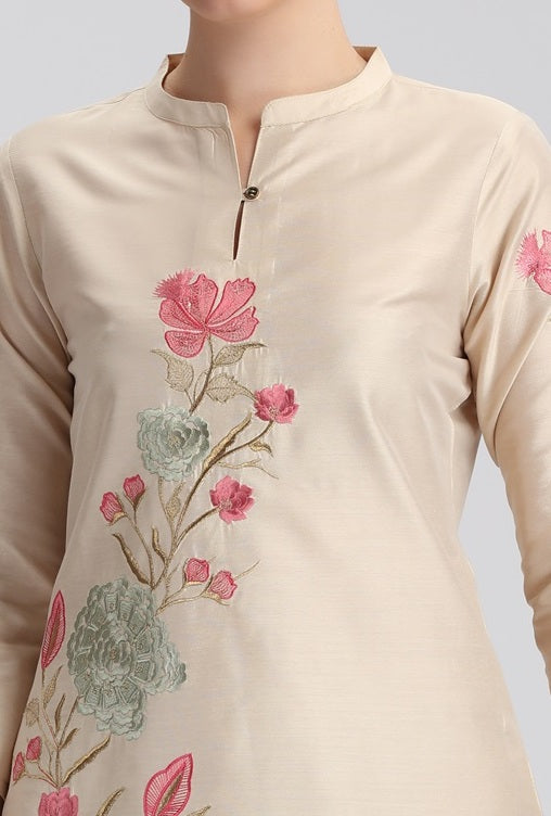 Bisque PolySilk Embroidered Straight Kurta Pant Co ord Set