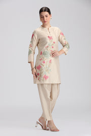 Bisque PolySilk Embroidered Straight Kurta Pant Co ord Set