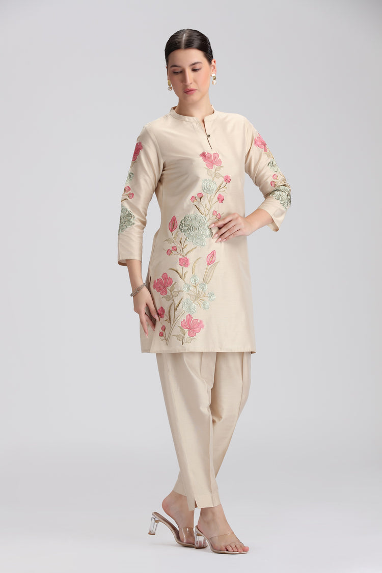 Bisque PolySilk Embroidered Straight Kurta Pant Co ord Set