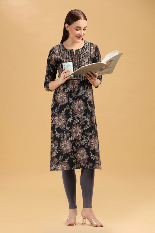Black & Beige Embroidered Slub Cotton Straight Kurta for women
