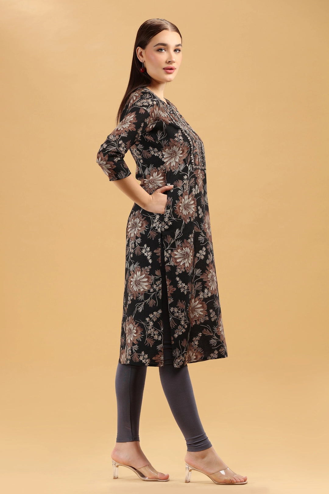 Black & Beige Embroidered Slub Cotton Straight Kurta for women