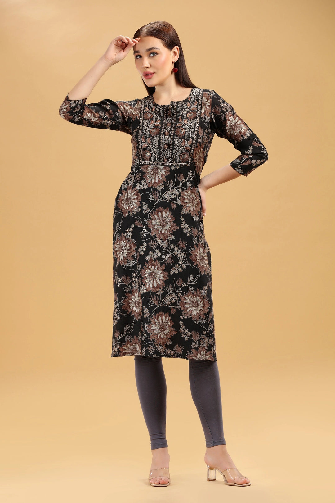 Black & Beige Embroidered Slub Cotton Straight Kurta for women