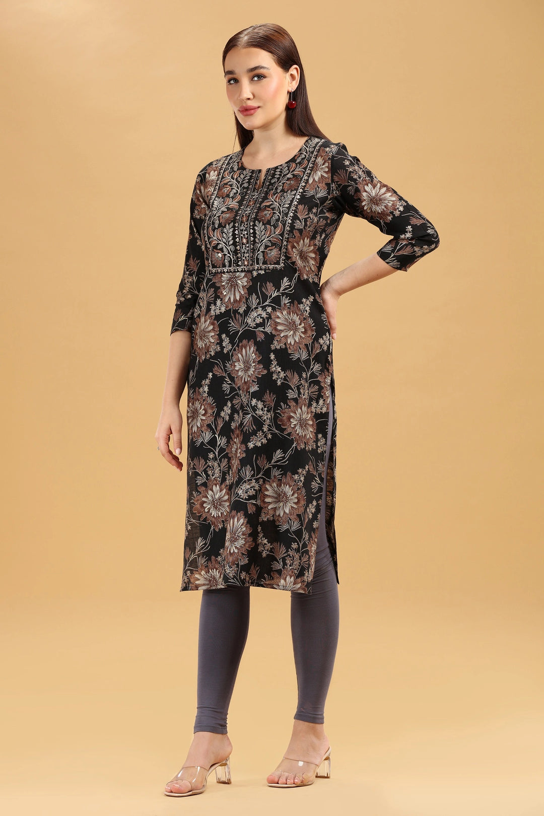 Black & Beige Embroidered Slub Cotton Straight Kurta for women