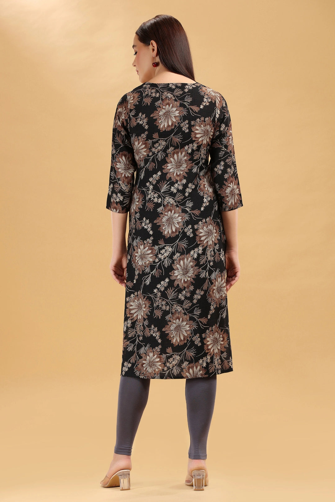 Black & Beige Embroidered Slub Cotton Straight Kurta for women