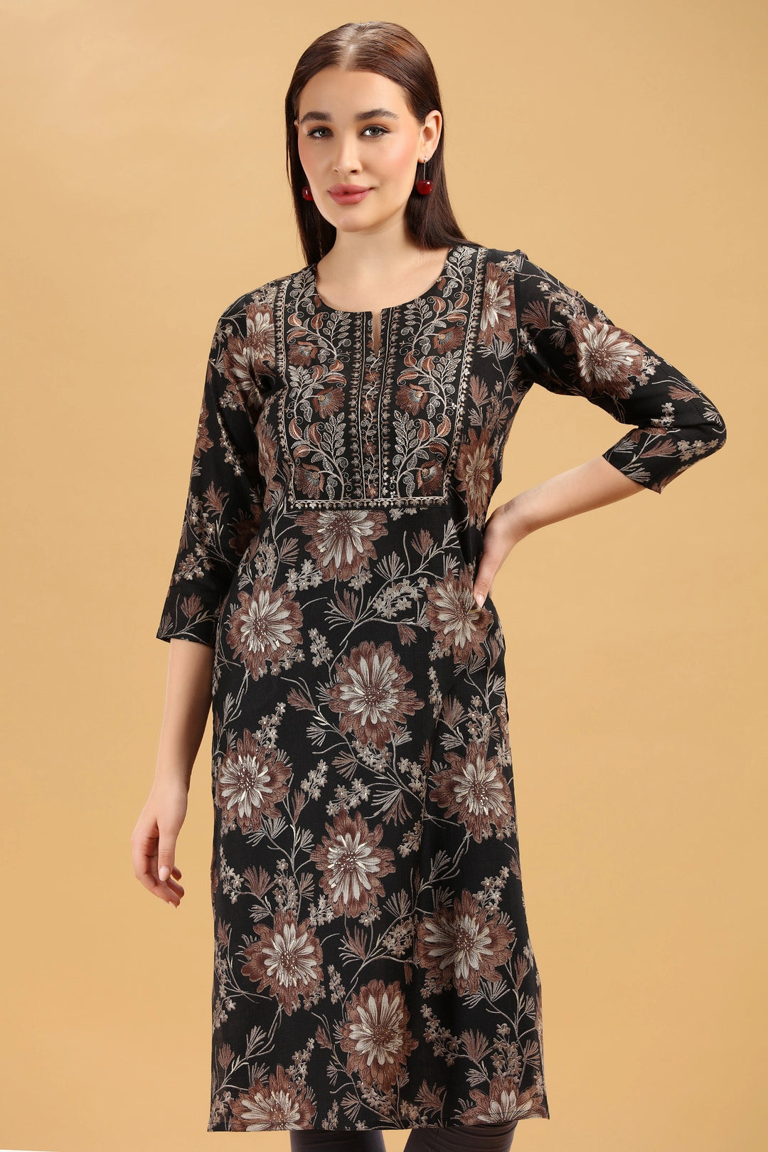 Black & Beige Embroidered Slub Cotton Straight Kurta for women