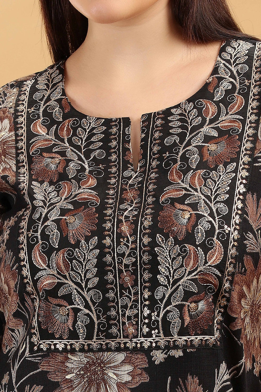 Black & Beige Embroidered Slub Cotton Straight Kurta for women