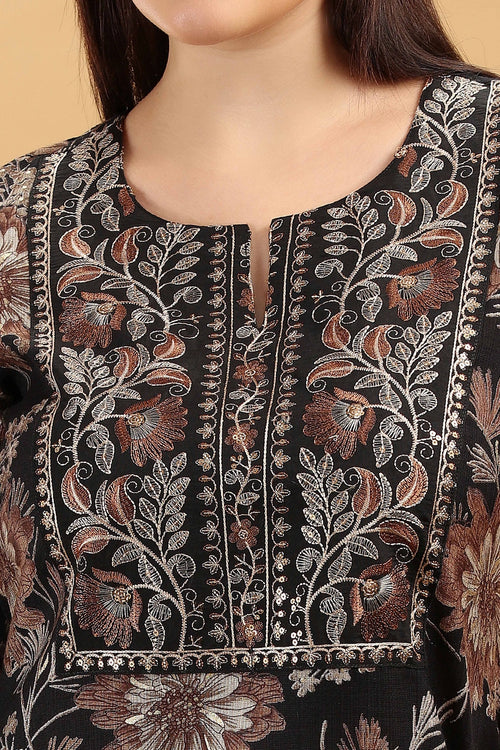 Black & Beige Embroidered Slub Cotton Straight Kurta for women