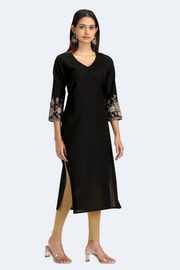 Black Cotton Flex Embroidered Straight Kurta