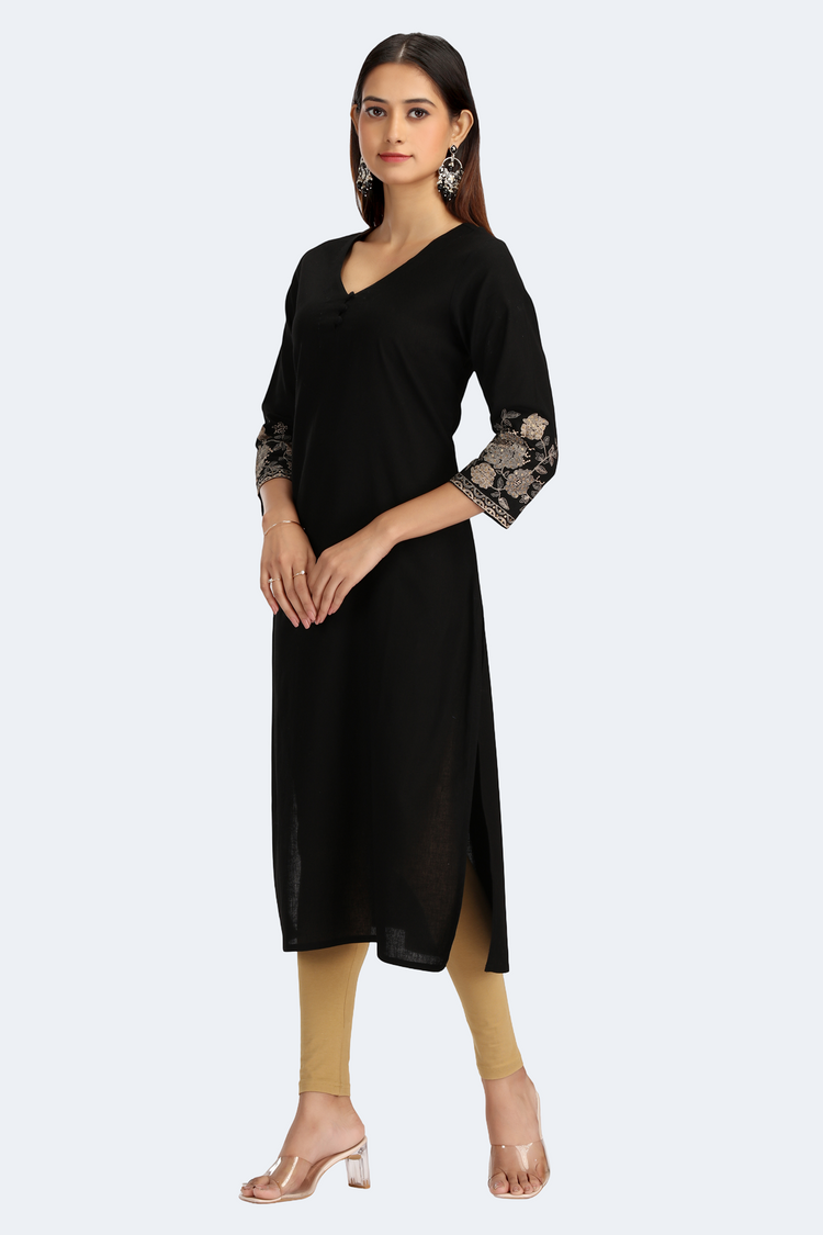 Black Cotton Flex Embroidered Straight Kurta