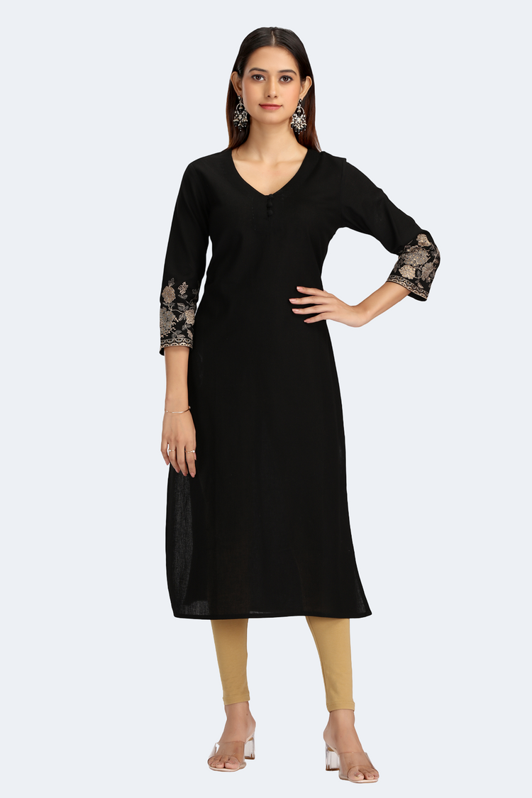 Black Cotton Flex Embroidered Straight Kurta