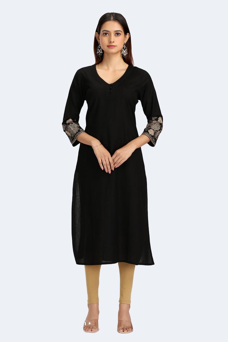 Black Cotton Flex Embroidered Straight Kurta