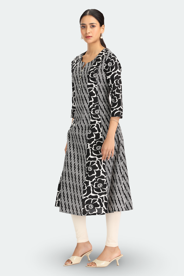 Black Cotton Flex Printed A Line Kurta
