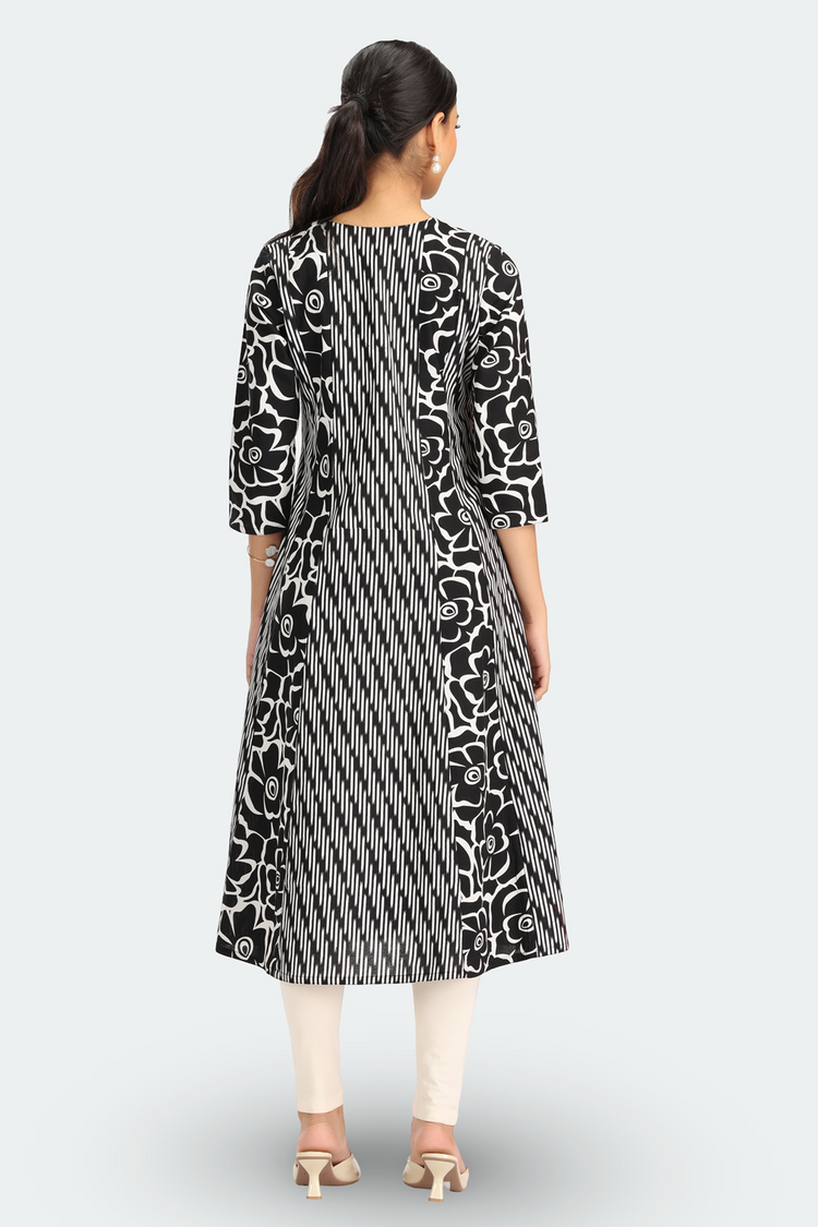 Black Cotton Flex Printed A Line Kurta