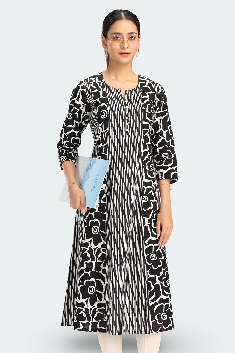 Black Cotton Flex Printed A Line Kurta