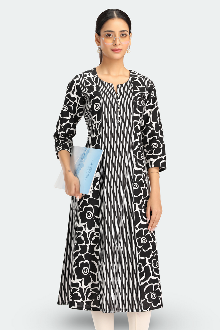 Black Cotton Flex Printed A Line Kurta