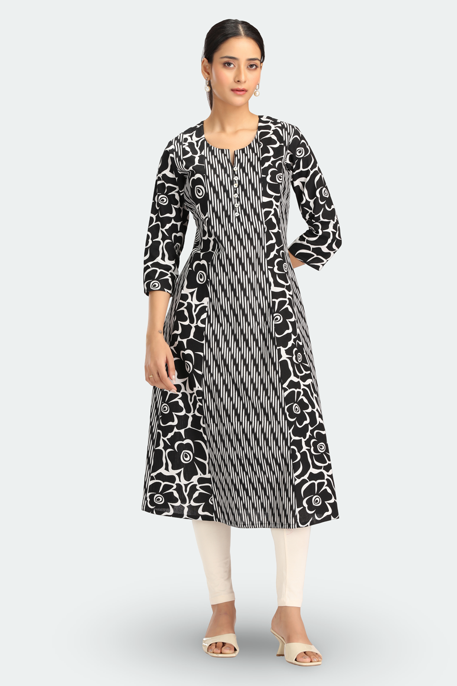 Black Cotton Flex Printed A Line Kurta