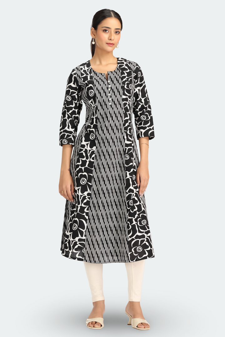 Black Cotton Flex Printed A Line Kurta