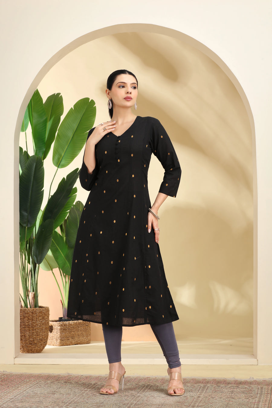 Black Polka Dot Pattern A-Line Kurta