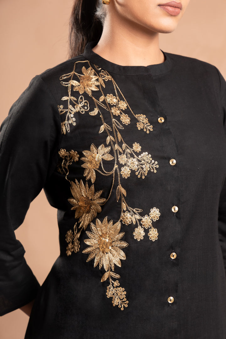 Black Embroidered Straight Co-ord Set