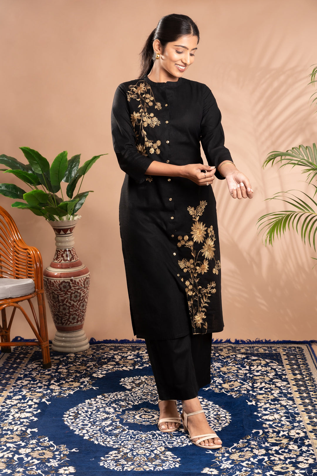 Black Embroidered Straight Co-ord Set