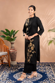 Black Embroidered Straight Co-ord Set