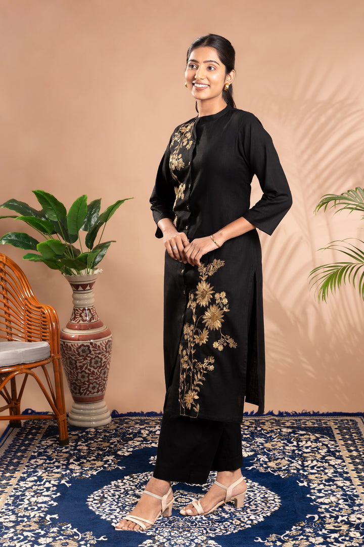 Black Embroidered Straight Co-ord Set